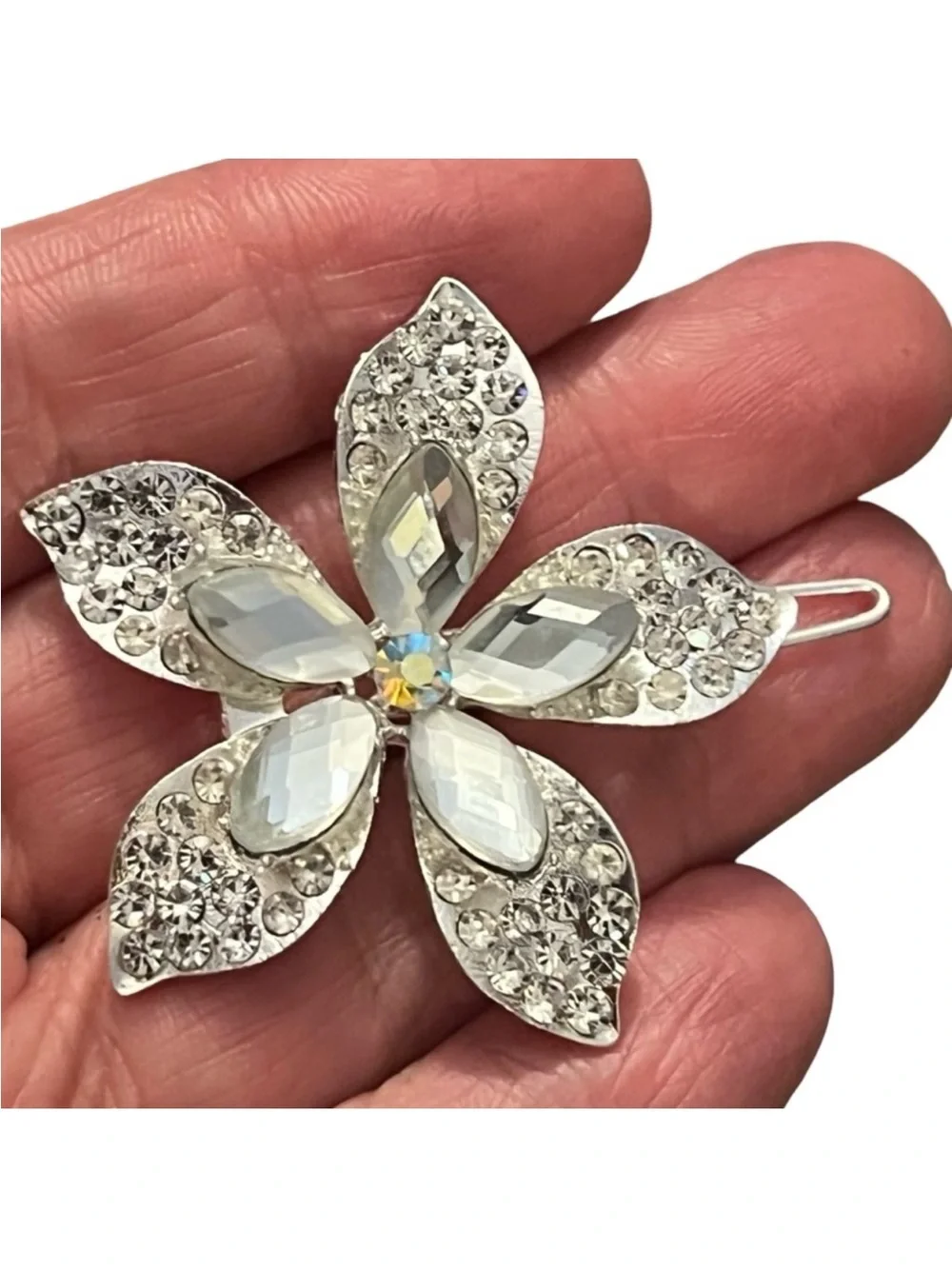 Crystal Flower Hair Clip - Clear Silver Sparkle 2.5” FINAL PRICE DROP